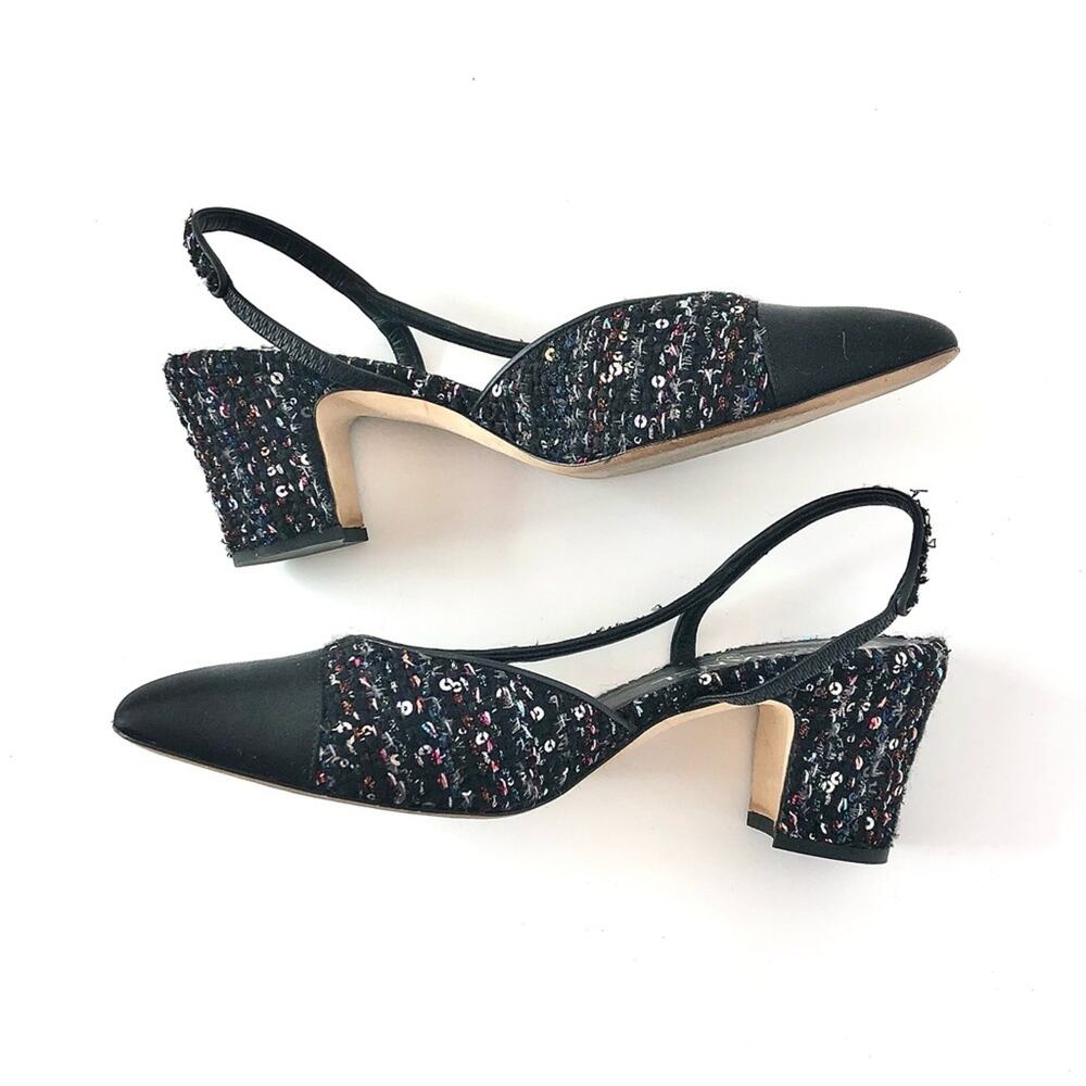 Chanel Black and Sequin Tweed Cap Toe CC Logo Slingback Pumps 40.5 - Picture 6 of 9